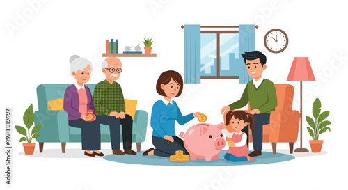 A happy multi-generational family including grandparents and a young child gather in a warm living room to save gold coins in a large pink piggy bank.
