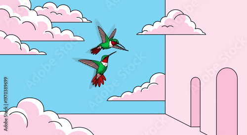 Two vibrant hummingbirds soar gracefully through a whimsical sky adorned with soft pink clouds and abstract architectural elements, creating a serene and imaginative scene