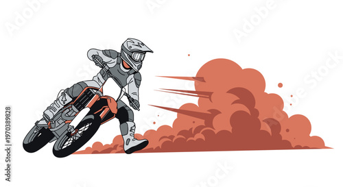 A powerful motocross rider dressed in grey and white protective gear maneuvers an orange motorcycle through a dense and billowing cloud of red dust.