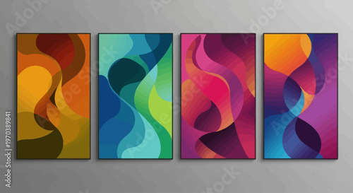 Abstract fluid art compositions in four vibrant color palettes, creating dynamic and organic visual displays