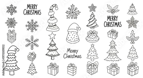 Merry Christmas festive elements collection with snowflakes, Santa hats, gifts and trees, black and white outline drawings
