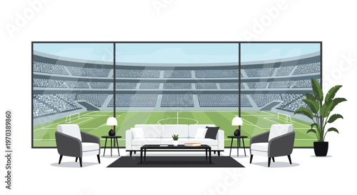 A meticulously designed modern living room interior features plush white furniture and potted plants facing a breathtaking panoramic view of a stadium.