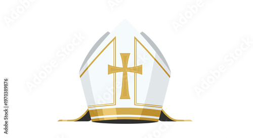 Meticulous flat vector illustration of a ceremonial white bishop's mitre featuring a prominent gold cross and intricate decorative trim on a white background.