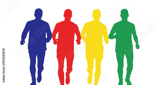 Running race illustration featuring four colorful runners in silhouette against a white background, symbolizing competition and fitness