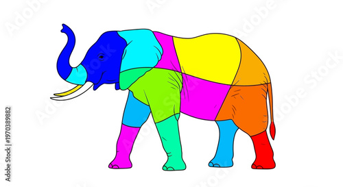 Vibrantly colored artistic elephant illustration showcasing a spectrum of hues, a creative and playful depiction of wildlife, perfect for diverse design projects