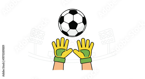 Dynamic flat vector illustration of bright yellow and green goalkeeper gloves reaching upward to catch a classic black and white soccer ball in a stadium.
