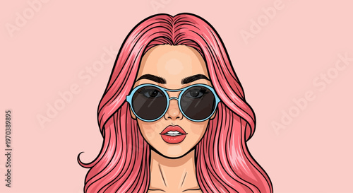 Striking Pink Haired Woman Wearing Sunglasses on a Pale Pink Background - Vector Illustration