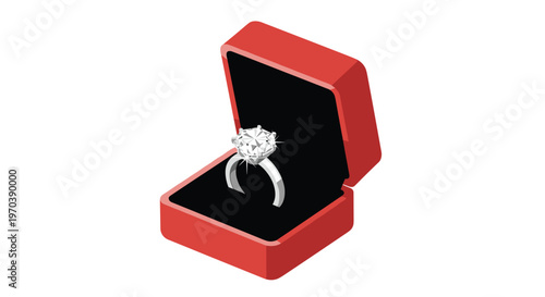 Stunning isometric view of a large faceted diamond engagement ring resting inside a sleek red jewelry box featuring a contrasting black velvet interior base.