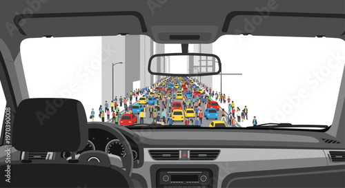 Interior perspective from a modern car dashboard looking out at a congested city street filled with numerous colorful vehicles and walking pedestrians near buildings.