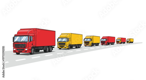 Long convoy of red and yellow commercial freight trucks drives in perspective along a wide gray highway stretching toward the distant horizon under bright light.