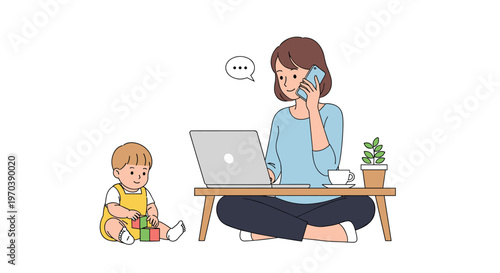 Focused young mother sitting on the floor balances remote work on her laptop and a phone call while her toddler plays with colorful wooden blocks.