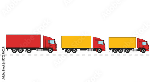 Three powerful red semi-trucks with vibrant red and yellow cargo trailers travel in a synchronized line along a clean gray highway with white markings.