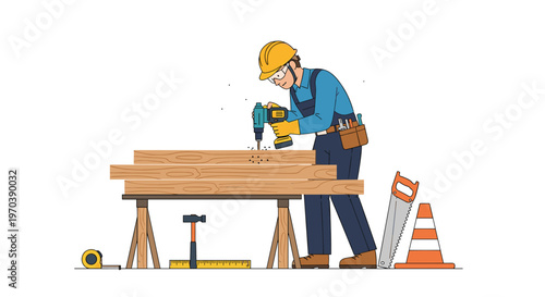 Meticulous male carpenter wearing a protective yellow hard hat and blue work clothes uses a cordless power drill on thick wooden planks in a workshop.