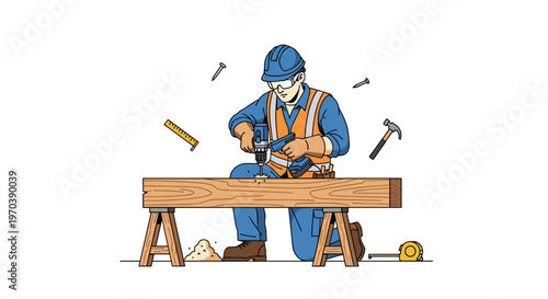 A skilled carpenter wearing a blue hard hat and orange safety vest uses a power drill on a thick wooden beam resting on sturdy sawhorses in a workshop.