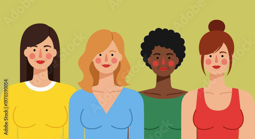 Diverse group of women of different ethnicities and ages depicted in a simple, flat illustration style against a muted background