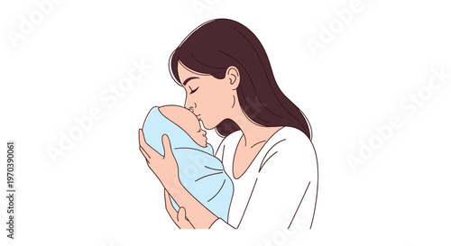 A loving mother with long dark hair gently kisses the forehead of her sleeping newborn infant wrapped snugly in a soft light blue swaddle blanket.