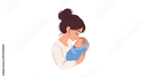 A serene mother with her dark hair styled in a high bun holds her sleeping newborn baby tightly against her chest in a soft blue wrap in a white room.