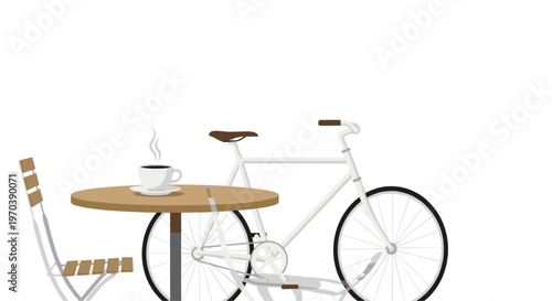 A sleek white road bicycle stands beside a round wooden cafe table where a hot steaming ceramic cup of coffee rests on a small saucer in the morning.