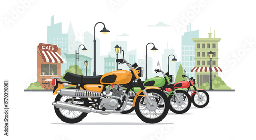 Three stylish motorcycles in yellow, green, and red hues are parked neatly in front of a charming city cafe under a bright and clear daylight sky.