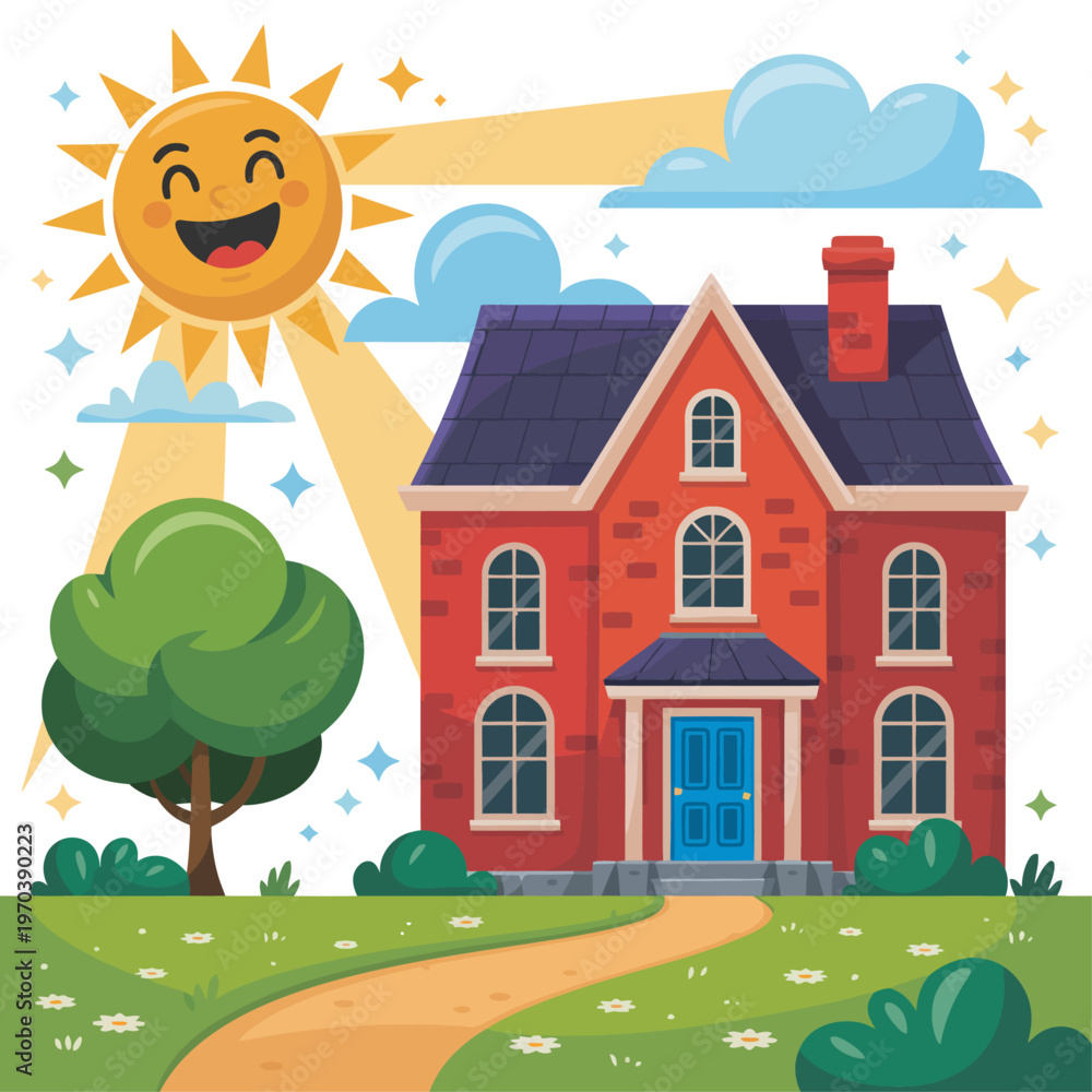 Naklejka premium Two-story red brick suburban house with a garden path and happy sun in a bright blue sky, isolated vector