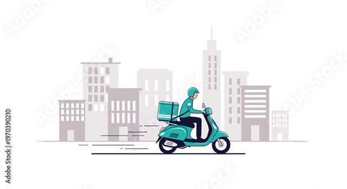 A professional delivery courier wearing a safety helmet rides a vibrant teal motor scooter through a stylized urban landscape featuring grey skyscrapers.