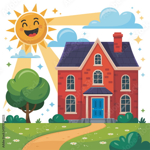 Two-story red brick suburban house with a garden path and happy sun in a bright blue sky, isolated vector