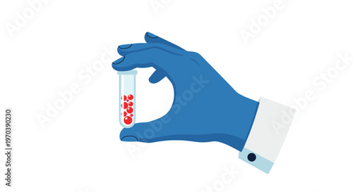 A hand protected by a vibrant blue medical glove holds a clear laboratory test tube containing distinct red blood cells against a white background.