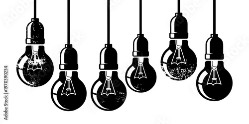 Creative ideas and innovation concept featuring hanging vintage lightbulbs slhouette with filaments and distressed texture isolated
