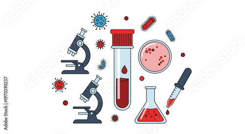 A comprehensive collection of scientific laboratory equipment including microscopes and petri dishes is arranged neatly with various colorful viral icons.