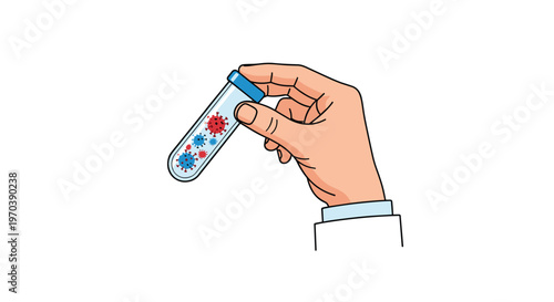 A professional hand clad in a pristine white laboratory coat carefully holds a glass test tube filled with microscopic red and blue viral pathogens.