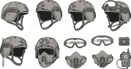 Tactical Helmet and Protective Gear Set with Goggles, Communication Devices, and Face Masks for Military, Police, and Security Personnel.