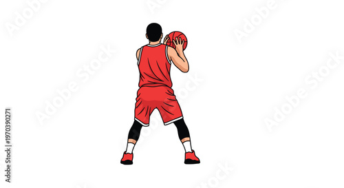 A determined basketball player dressed in a vibrant red uniform and black compression leggings prepares to take a meticulous shot on a white background.