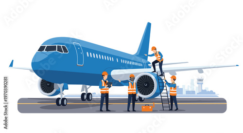 Several professional ground crew members wearing bright orange vests perform essential service tasks around a large blue passenger jet parked on a grey runway.