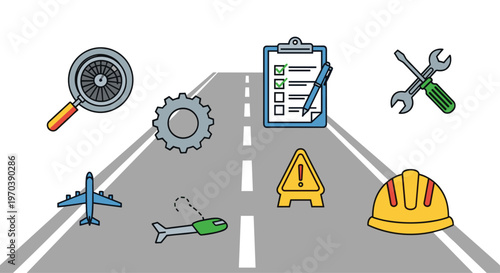 A collection of colorful aviation maintenance icons such as a magnifying glass, gear, checklist, and tools are arranged over a grey perspective runway.