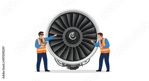 Two professional aircraft technicians wearing bright orange safety vests and blue uniforms carefully inspect a massive silver jet engine turbine on a white background.