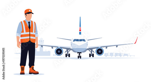 A professional airport ground crew member wearing a high-visibility orange safety vest and cap stands confidently in front of a large white commercial jet airplane.