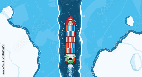 A massive red and green cargo container ship navigates through a narrow deep blue water channel carved between vast white arctic ice sheets from above.
