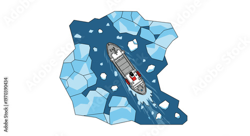 A sturdy grey industrial vessel maneuvers through a dense field of fragmented blue and white geometric ice floes within the deep dark arctic ocean waters.
