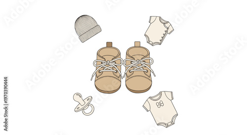 A curated symmetrical flat lay arrangement showcases essential newborn items including brown leather boots, a knit beanie, cream onesies, and a simple pacifier.