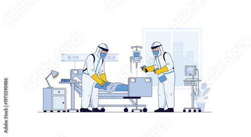 Meticulous healthcare professionals wearing sterile white protective gear and blue masks diligently sanitize a hospital bed and equipment in a bright clinical room.