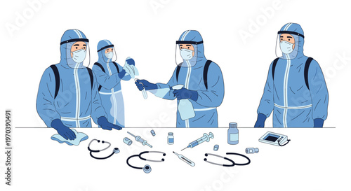 Professional medical team members wearing blue biohazard suits and protective face shields carefully disinfect various clinical instruments and stethoscopes on a clean surface.