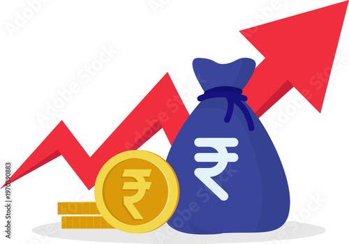 Indian rupee finance icons, growth chart, money bag, coins, business investment