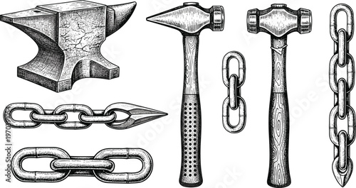 Vintage Blacksmith Tools Icon Set Featuring Anvils, Hammers, Chains, and Metalworking Equipment for Web, Apps, and Digital Media Designs
