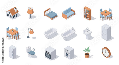 Isometric icons of home furnishings and appliances.
