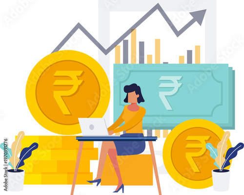 Business finance concept, Indian rupee currency, woman working on laptop, financial growth graph