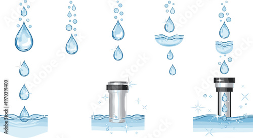 Water Droplet and Splash Effect Icon Set Featuring Waterfall, Bubbles, and Sparkling Water for Web, Apps, and Digital Media Designs