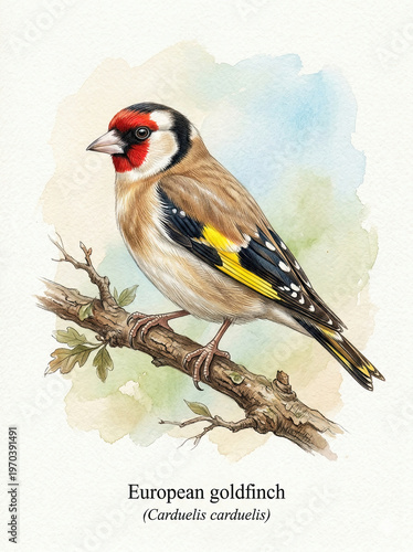 A watercolor painting of a Carduelis carduelis (goldfinch) perched on a branch. A vibrant nature illustration featuring its red mask and yellow wing details.
