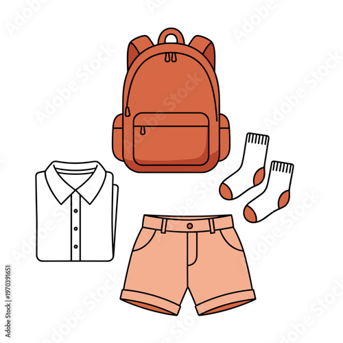 A clean flat illustration of a school outfit including an orange backpack, a folded white shirt, peach shorts, and matching socks. Suitable for back to school promotions and kids fashion.