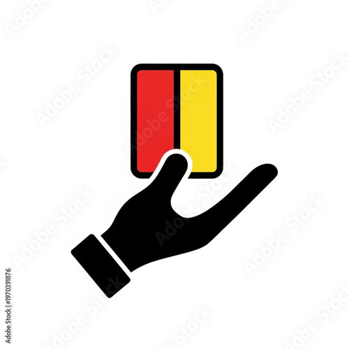 A hand holding a red and yellow card icon representing a referee penalty in sports