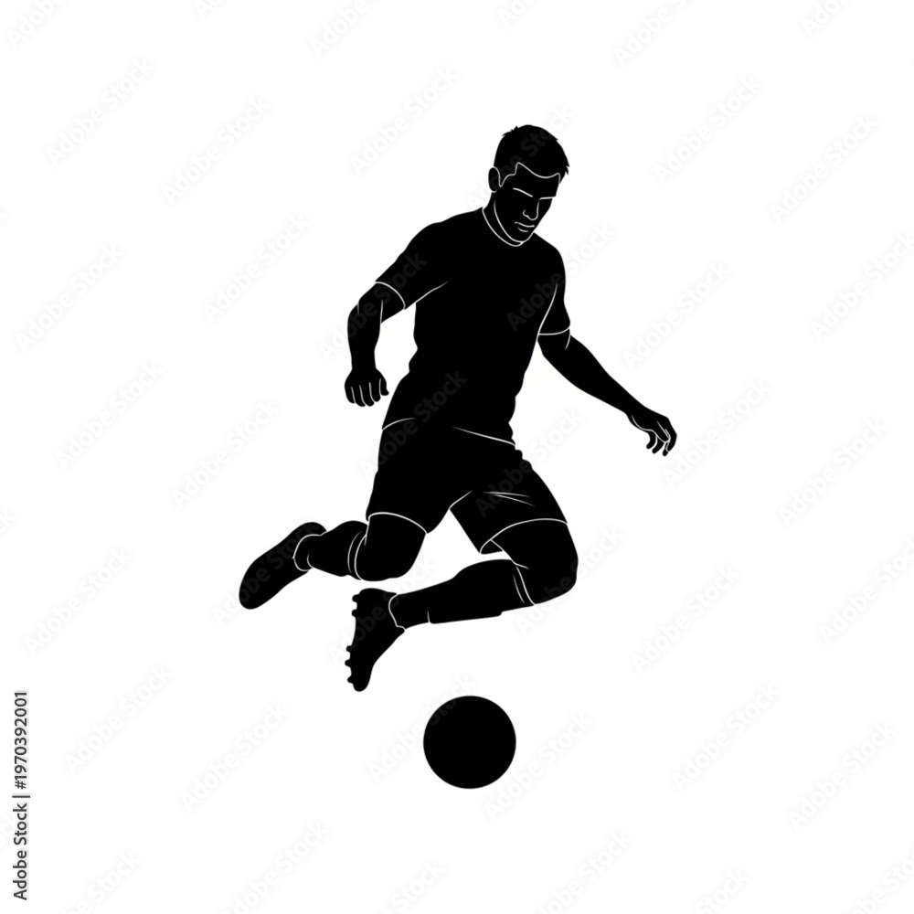 Fototapeta premium Black silhouette of a soccer player jumping and dribbling a ball isolated on white background